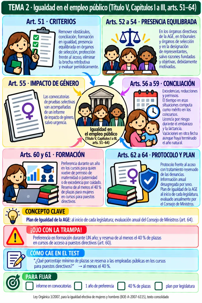 Mapa mental: Igualdad en el empleo público (Título V, Capítulos I a III, arts. 51–64)
