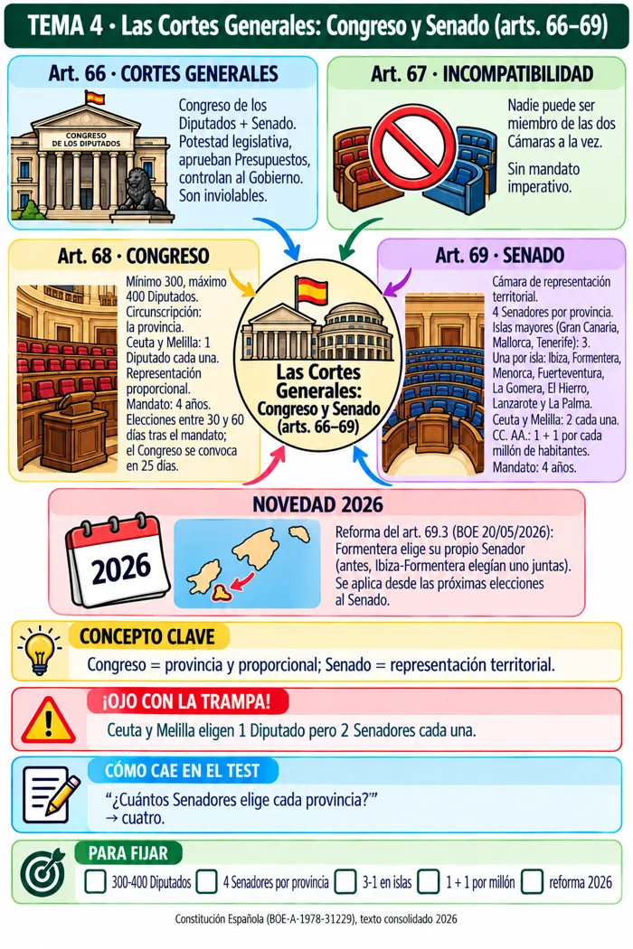 Mapa mental: Las Cortes Generales: Congreso y Senado (arts. 66–69)